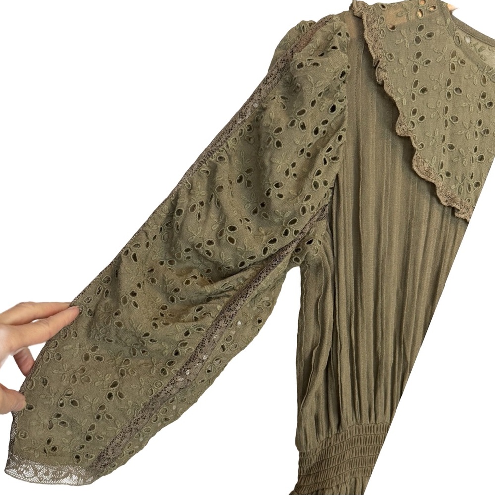 byTimo Slub Green Khaki Tiered Eyelet Lace Mini Dress NWT - Picture 3 of 8